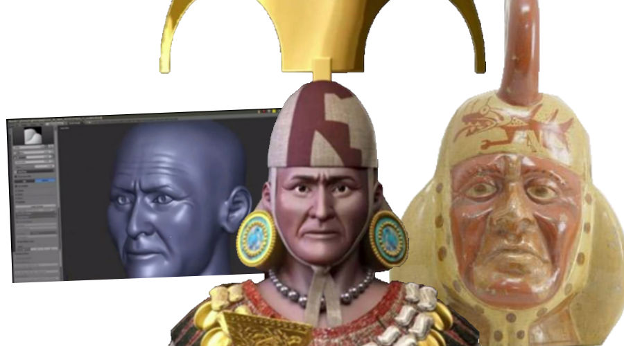 3D rendering of Lord of Sipan looks nearly identical to ancient ceramic Moche portrait huaco at the Museo Larco. 