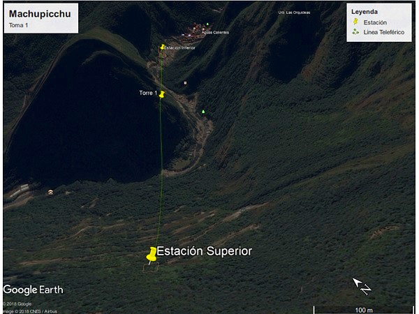 Google Earth image of proposed layout of Machu Picchu aerial cable car project