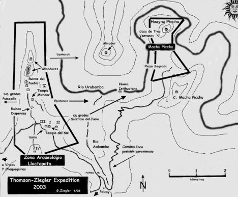 Diagram of Llactapata ruins in relation to Machu Picchu