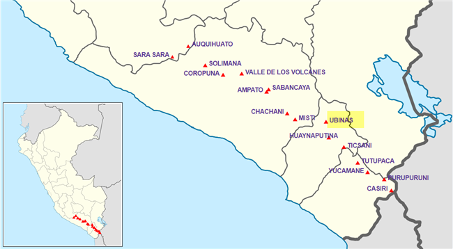 Mt. Ubinas, highlighted, in the chain of volcanoes in Peru's southern Andes.