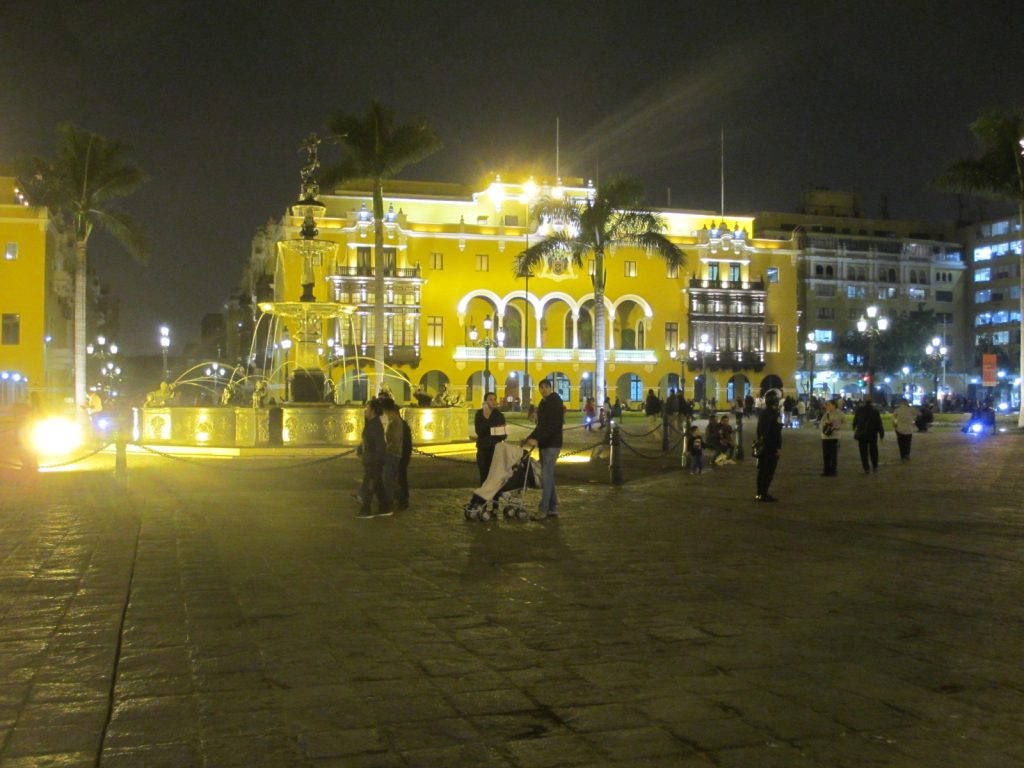 Lima’s Plaza Mayor at night.