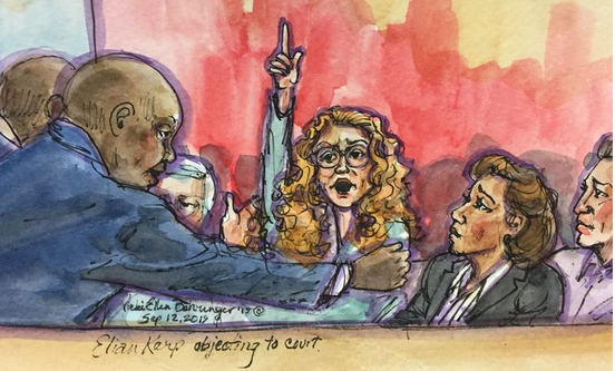 A courtroom sketch ofEliane Karp objecting to a ruling in her husband Alejandro Toledo's hearing on Sept. 12, 2019.