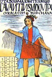 A curaca, or community chief, displaying his quipu.